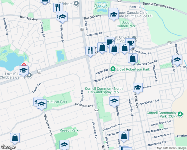 map of restaurants, bars, coffee shops, grocery stores, and more near 18 Winklers Lane in Markham