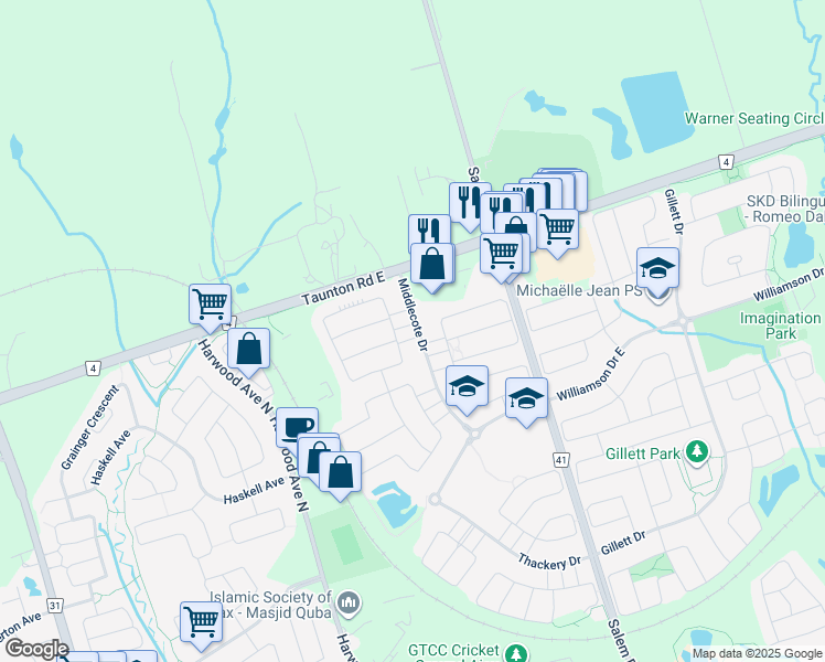 map of restaurants, bars, coffee shops, grocery stores, and more near 60 Middlecote Drive in Ajax