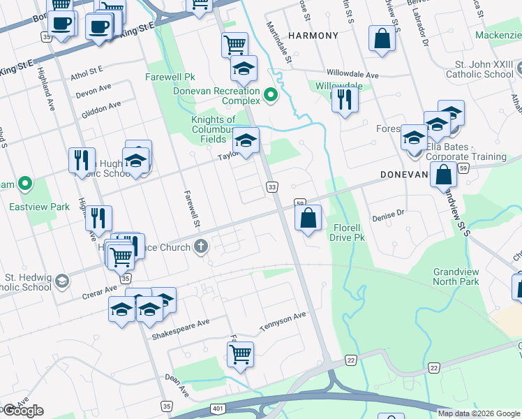 map of restaurants, bars, coffee shops, grocery stores, and more near 784 Olive Avenue in Oshawa