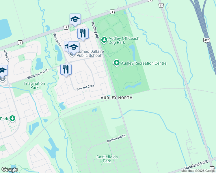 map of restaurants, bars, coffee shops, grocery stores, and more near 84 Carpendale Crescent in Ajax