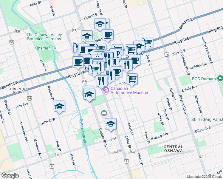 map of restaurants, bars, coffee shops, grocery stores, and more near 91 Celina Street in Oshawa