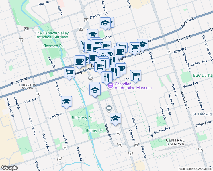 map of restaurants, bars, coffee shops, grocery stores, and more near 22 Bruce Street in Oshawa