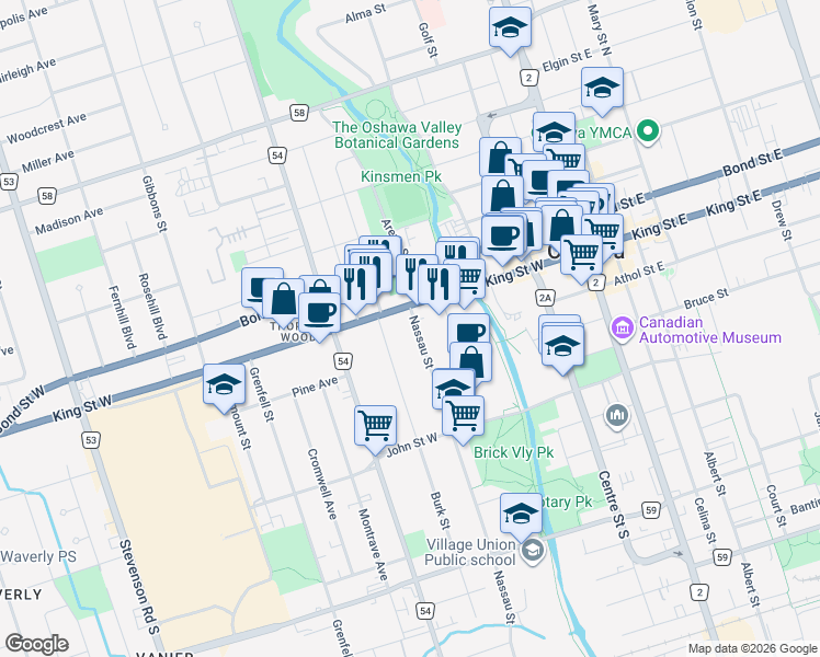 map of restaurants, bars, coffee shops, grocery stores, and more near 7 Nassau Street in Oshawa