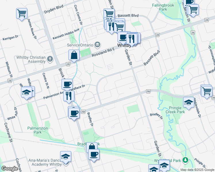 map of restaurants, bars, coffee shops, grocery stores, and more near in Whitby