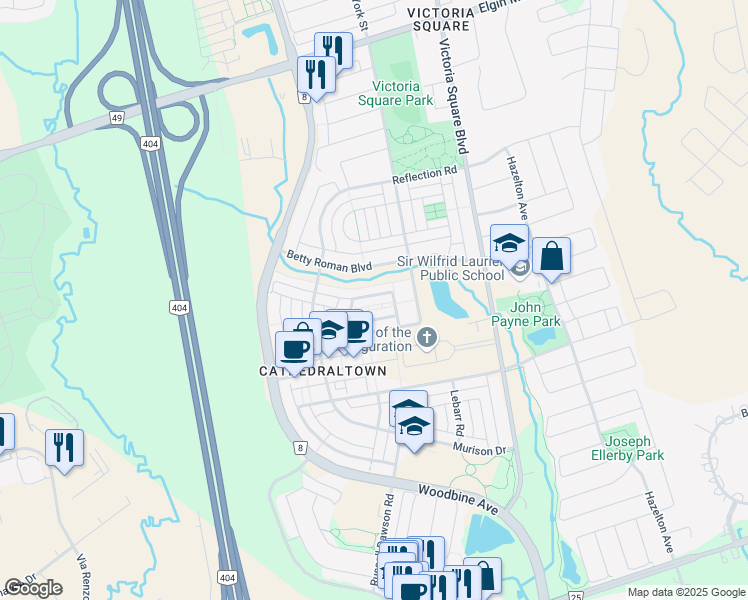 map of restaurants, bars, coffee shops, grocery stores, and more near 17 Victor Herbert Way in Markham