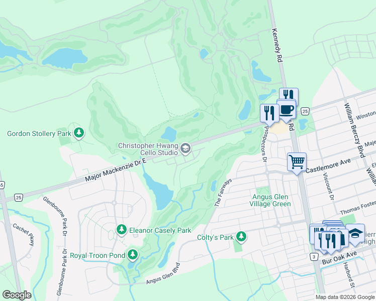 map of restaurants, bars, coffee shops, grocery stores, and more near 4245 Major Mackenzie Drive East in Markham