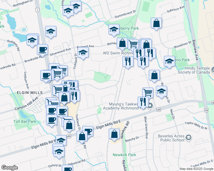 map of restaurants, bars, coffee shops, grocery stores, and more near 140 Bernard Avenue in Richmond Hill