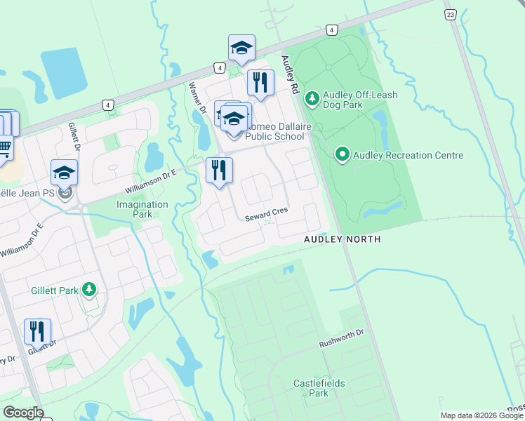map of restaurants, bars, coffee shops, grocery stores, and more near 53 Seward Crescent in Ajax