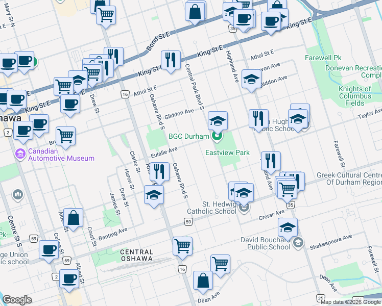 map of restaurants, bars, coffee shops, grocery stores, and more near 197 Verdun Road in Oshawa