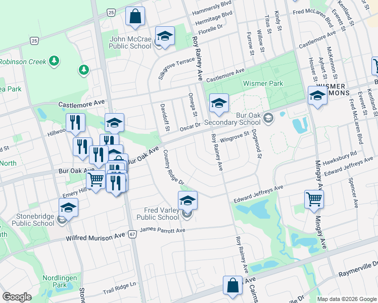 map of restaurants, bars, coffee shops, grocery stores, and more near 51 Pinecrest Street in Markham