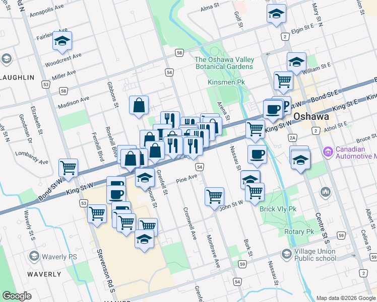 map of restaurants, bars, coffee shops, grocery stores, and more near 282 King Street West in Oshawa