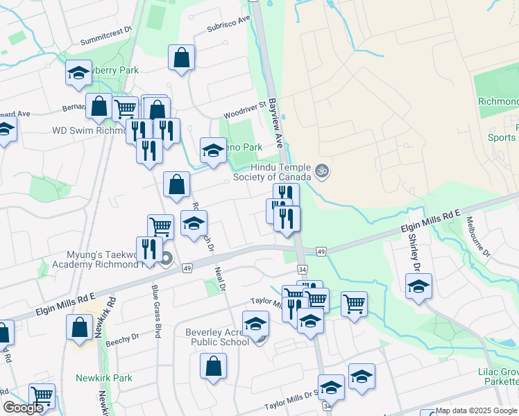 map of restaurants, bars, coffee shops, grocery stores, and more near 49 Leno Mills Avenue in Richmond Hill