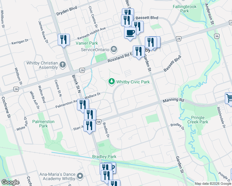 map of restaurants, bars, coffee shops, grocery stores, and more near 27 Bassett Boulevard in Whitby