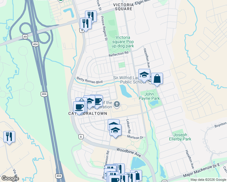 map of restaurants, bars, coffee shops, grocery stores, and more near 28 Prince Regent Street in Markham