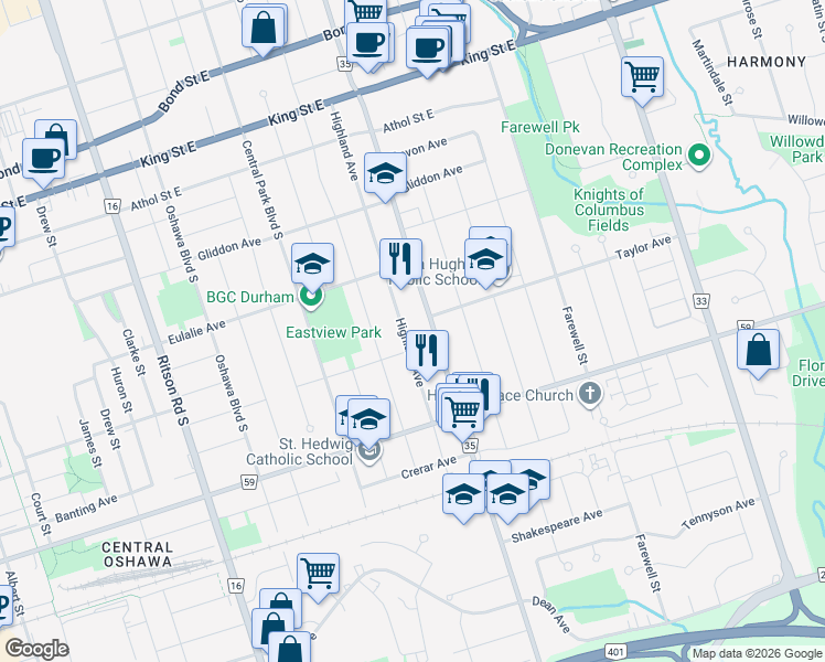 map of restaurants, bars, coffee shops, grocery stores, and more near 234 Wilson Road South in Oshawa