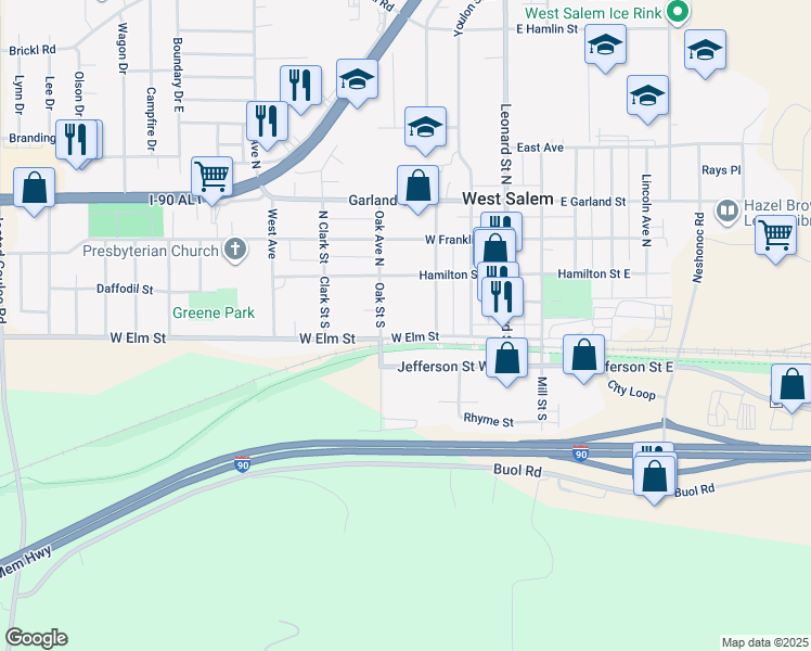 map of restaurants, bars, coffee shops, grocery stores, and more near 157 Oak Street South in West Salem