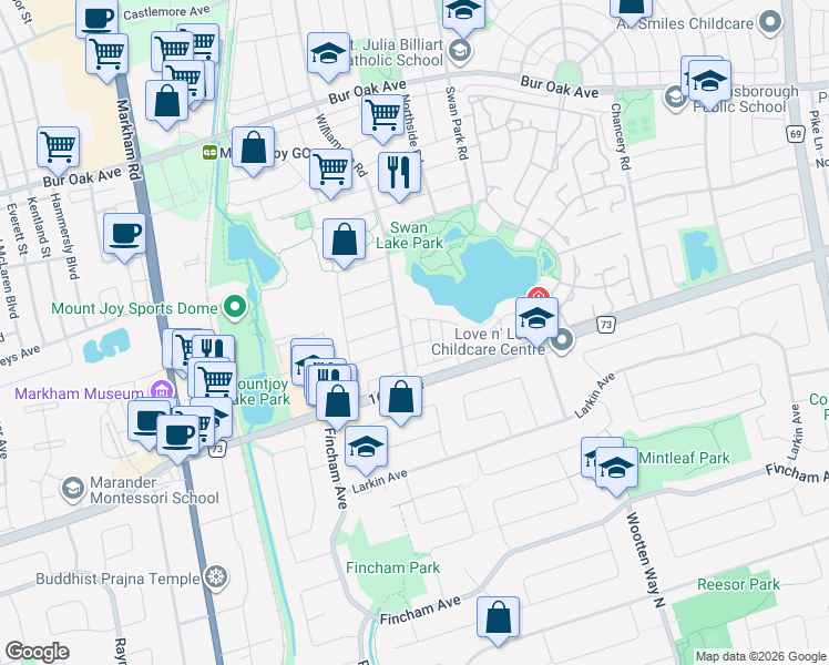 map of restaurants, bars, coffee shops, grocery stores, and more near 26 Roy Grove Way in Markham