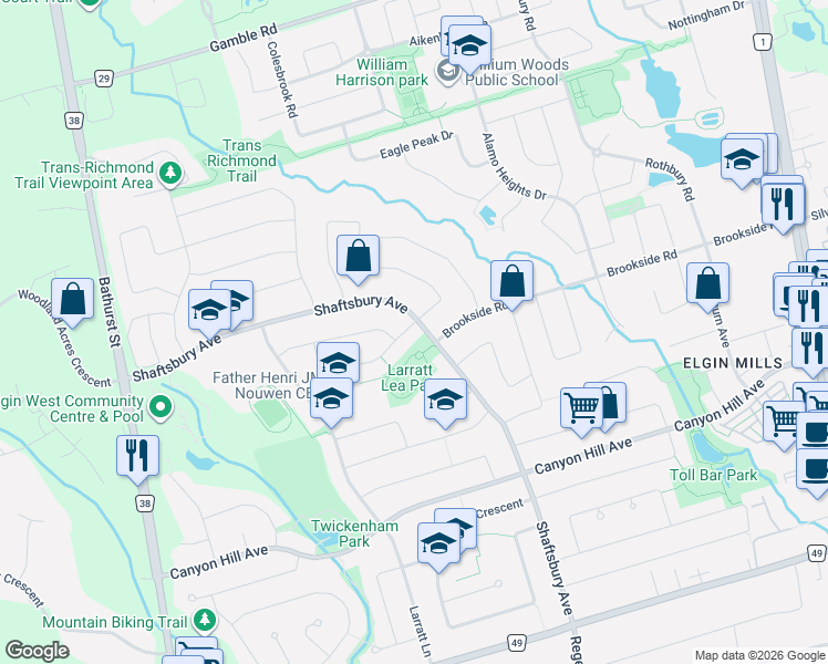 map of restaurants, bars, coffee shops, grocery stores, and more near 144 Shaftsbury Avenue in Richmond Hill
