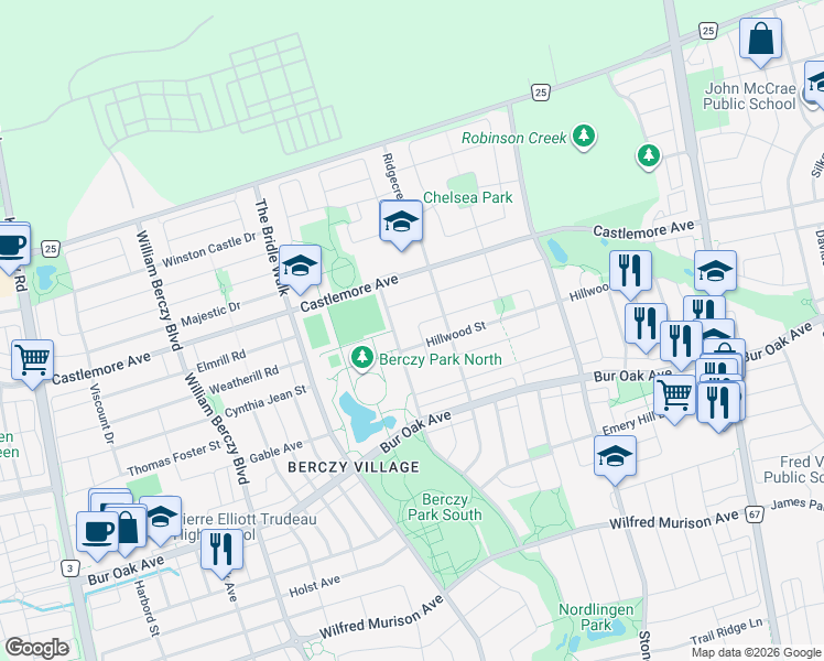 map of restaurants, bars, coffee shops, grocery stores, and more near 8 Brookhaven Crescent in Markham