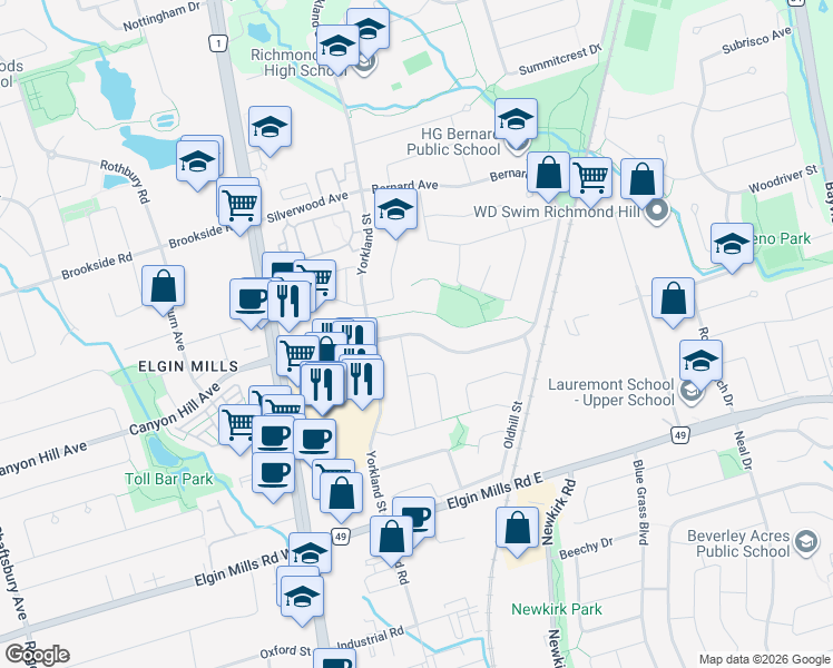 map of restaurants, bars, coffee shops, grocery stores, and more near Bernard Avenue in Richmond Hill
