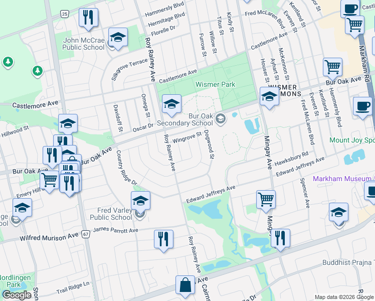 map of restaurants, bars, coffee shops, grocery stores, and more near 30 Baintree Street in Markham