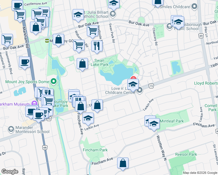 map of restaurants, bars, coffee shops, grocery stores, and more near 25 Spiv Grove Way in Markham