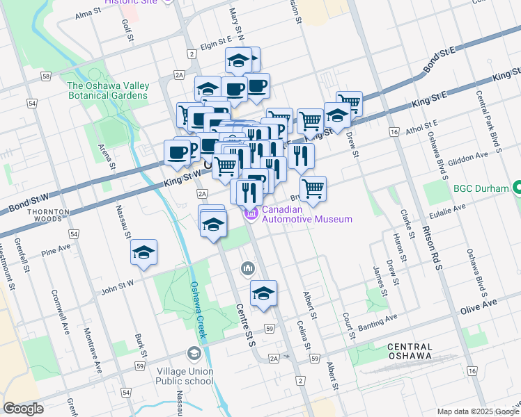 map of restaurants, bars, coffee shops, grocery stores, and more near 22 Bruce Street in Oshawa