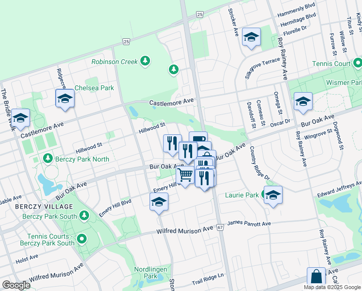 map of restaurants, bars, coffee shops, grocery stores, and more near 22 Warrington Way in Markham