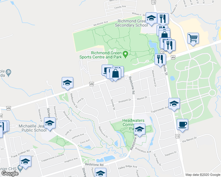 map of restaurants, bars, coffee shops, grocery stores, and more near in Richmond Hill