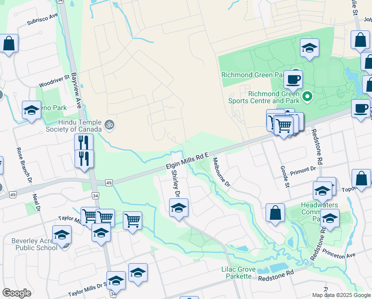 map of restaurants, bars, coffee shops, grocery stores, and more near 980 Elgin Mills Road in Richmond Hill