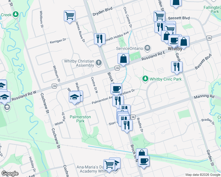 map of restaurants, bars, coffee shops, grocery stores, and more near Waterstone Way in Whitby