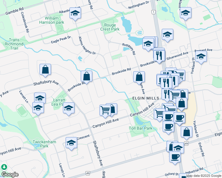 map of restaurants, bars, coffee shops, grocery stores, and more near 108 Burndean Court in Richmond Hill