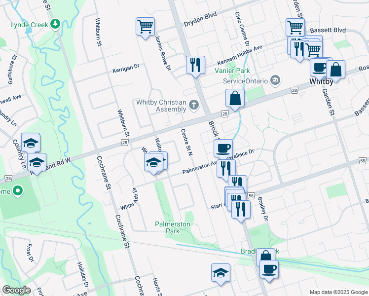 map of restaurants, bars, coffee shops, grocery stores, and more near 1018 Centre Street North in Whitby