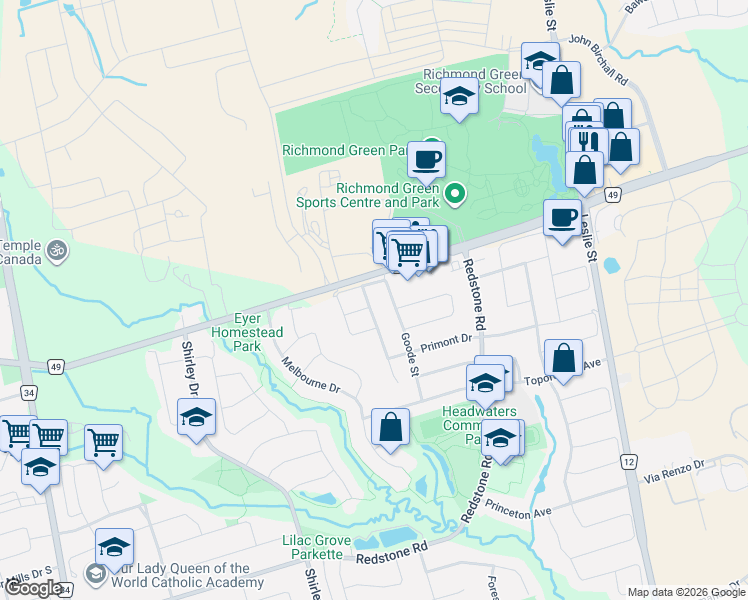 map of restaurants, bars, coffee shops, grocery stores, and more near 21 Heritage Hollow Estate Street in Richmond Hill