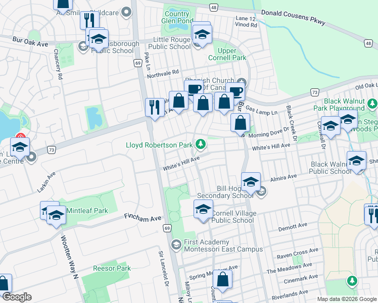 map of restaurants, bars, coffee shops, grocery stores, and more near 332 Country Glen Road in Markham