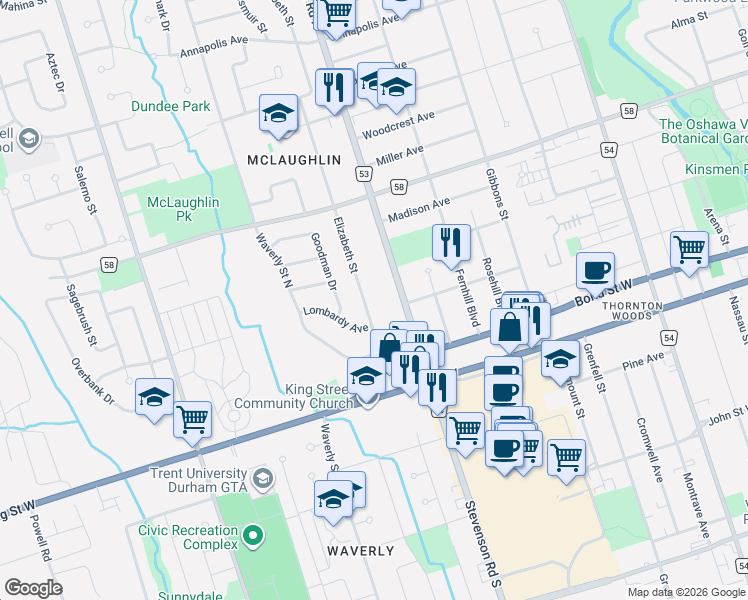 map of restaurants, bars, coffee shops, grocery stores, and more near 109 Elizabeth Street in Oshawa