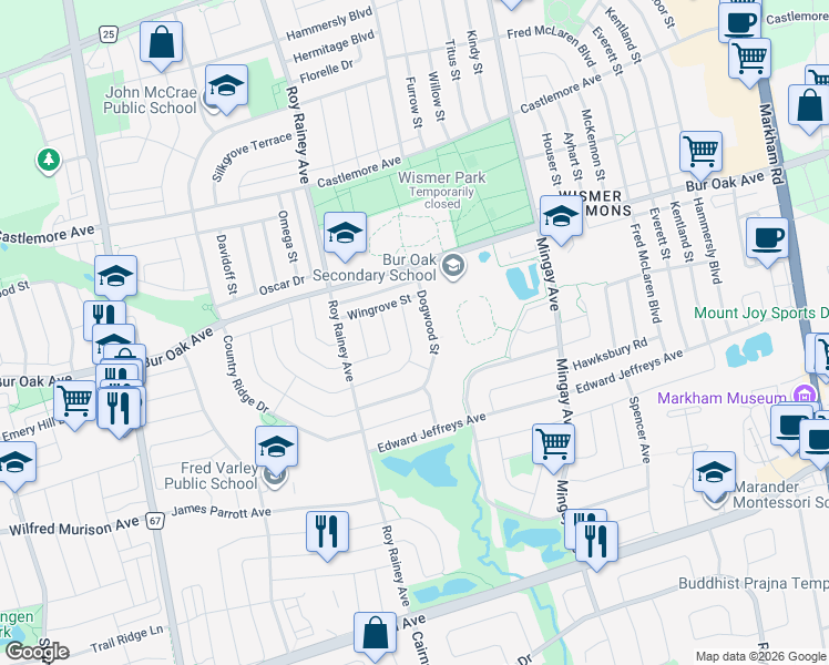 map of restaurants, bars, coffee shops, grocery stores, and more near 45 Redbud Street in Markham