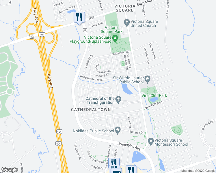 map of restaurants, bars, coffee shops, grocery stores, and more near 23 Victor Herbert Way in Markham