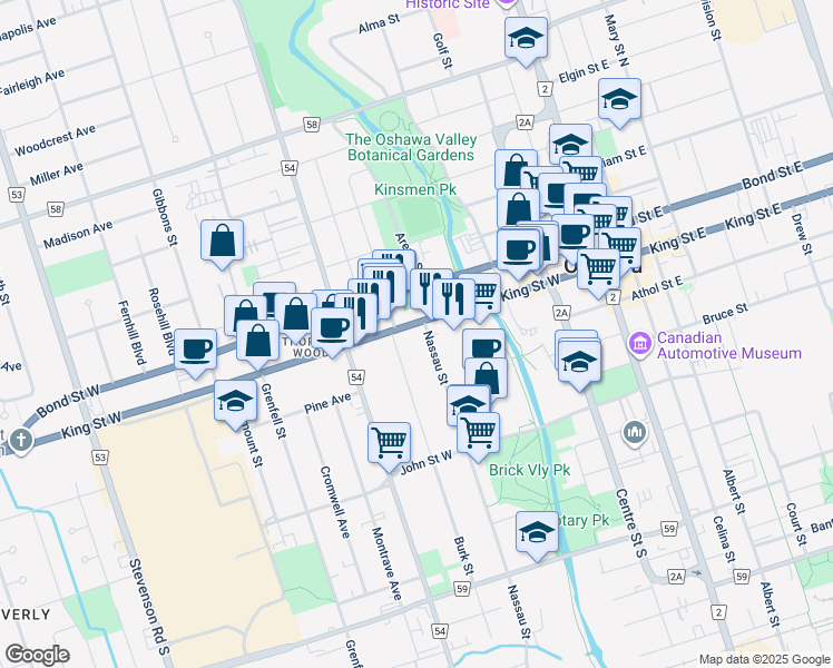 map of restaurants, bars, coffee shops, grocery stores, and more near 710 King Street West in Oshawa