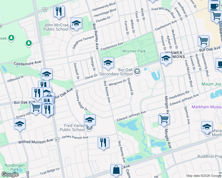 map of restaurants, bars, coffee shops, grocery stores, and more near 20 Bern Street in Markham