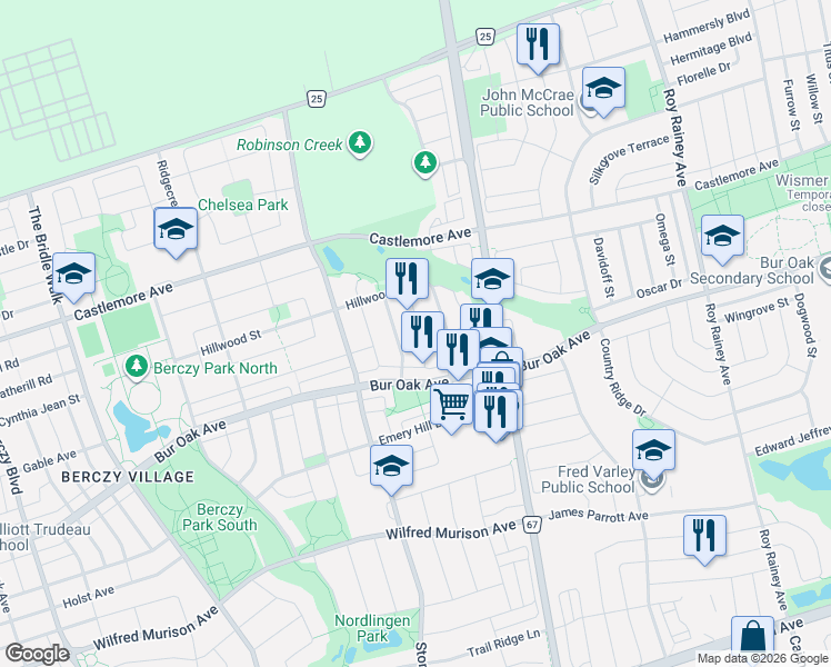 map of restaurants, bars, coffee shops, grocery stores, and more near 48 Briarcrest Drive in Markham