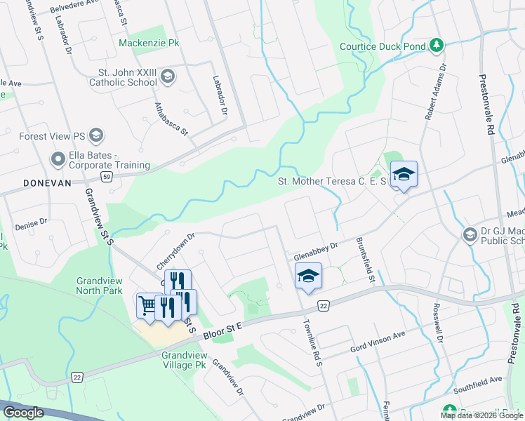 map of restaurants, bars, coffee shops, grocery stores, and more near 1360 Sunnybrae Crescent in Oshawa