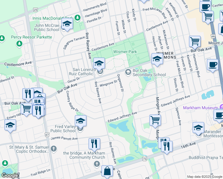 map of restaurants, bars, coffee shops, grocery stores, and more near 31 Baintree Street in Markham