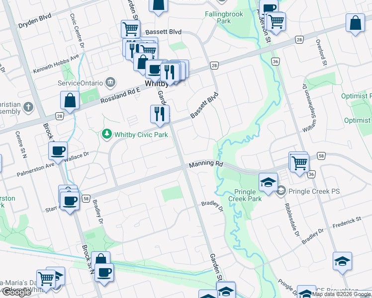 map of restaurants, bars, coffee shops, grocery stores, and more near 62 Stargell Drive in Whitby