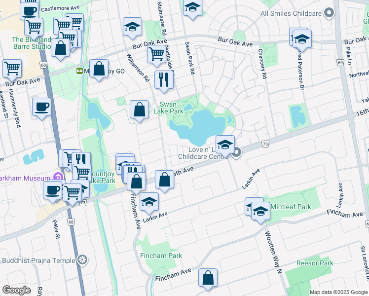 map of restaurants, bars, coffee shops, grocery stores, and more near 12-68 Roy Grove Way in Markham