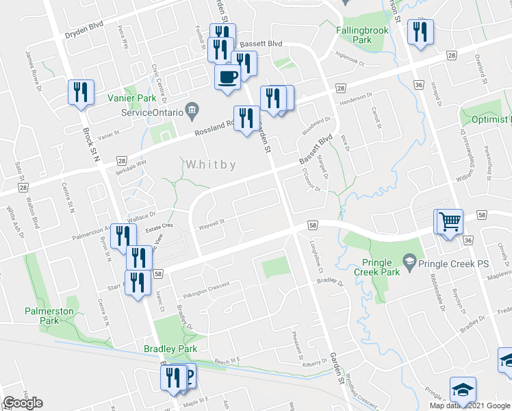 map of restaurants, bars, coffee shops, grocery stores, and more near 52 Waywell Street in Whitby