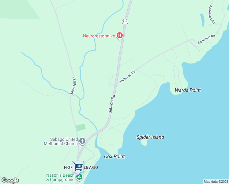 map of restaurants, bars, coffee shops, grocery stores, and more near 920 Sebago Road in Sebago
