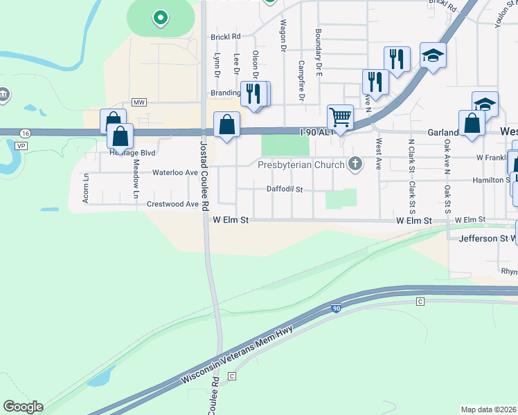 map of restaurants, bars, coffee shops, grocery stores, and more near 121 Susan Court in West Salem