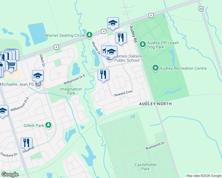 map of restaurants, bars, coffee shops, grocery stores, and more near 35 Seward Crescent in Ajax