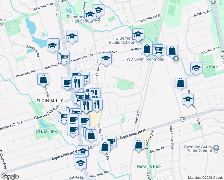 map of restaurants, bars, coffee shops, grocery stores, and more near 102 Bernard Avenue in Richmond Hill
